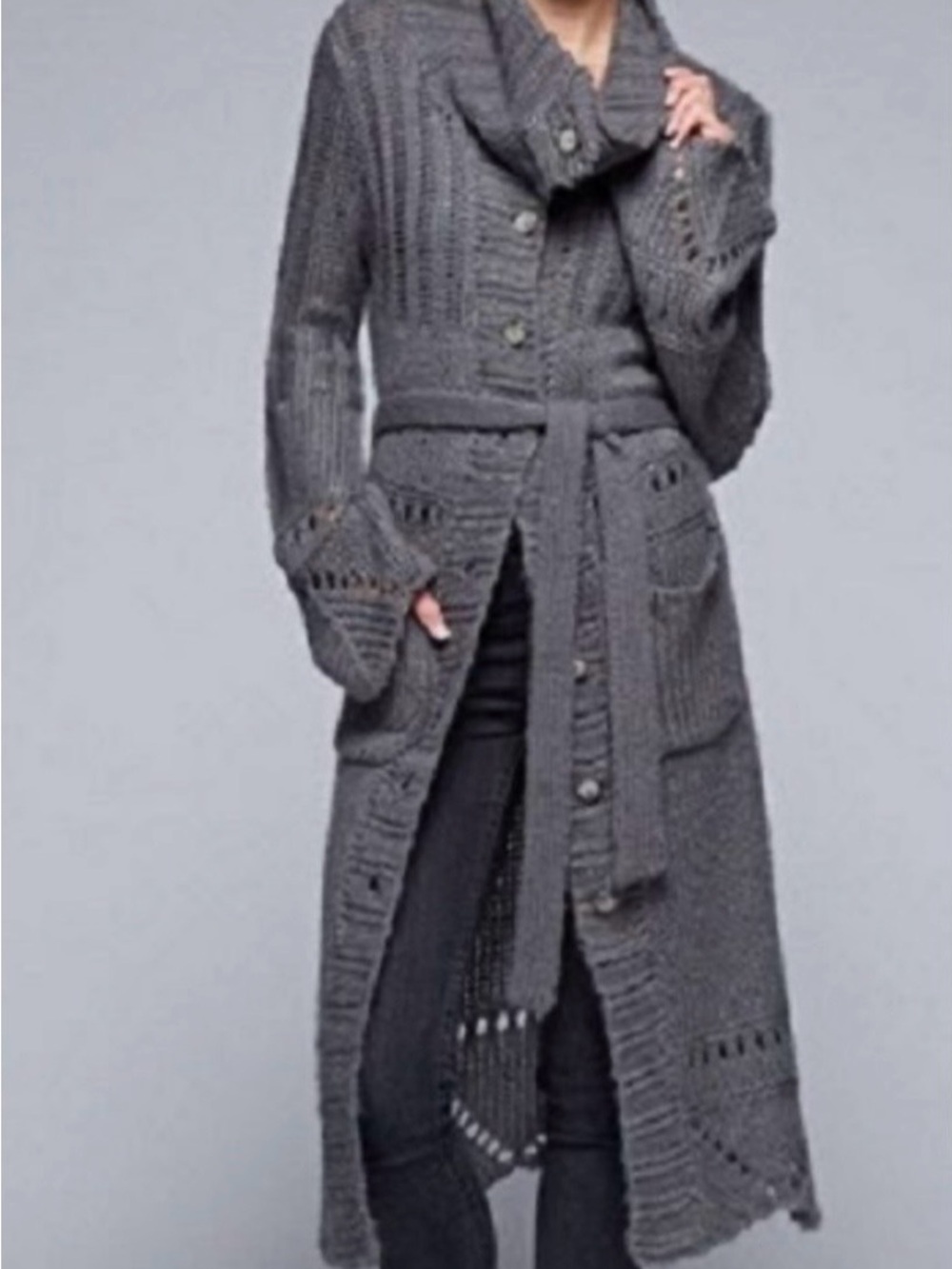 Blue Gray Long Knit Belted Maxi Cardigan Sweater